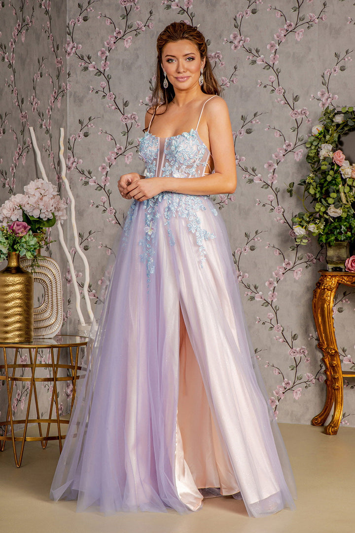 3D Butterfly Sheer Bodice Cut-out Back Mesh A-line Long Prom Dress GLGL3252