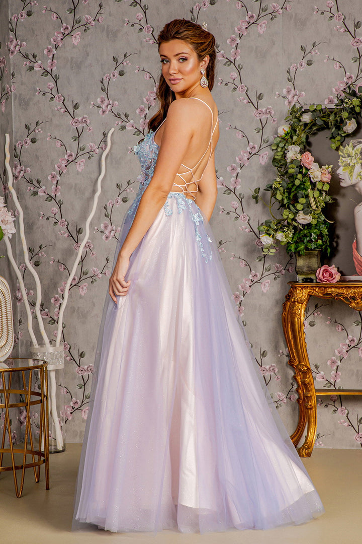 3D Butterfly Sheer Bodice Cut-out Back Mesh A-line Long Prom Dress GLGL3252