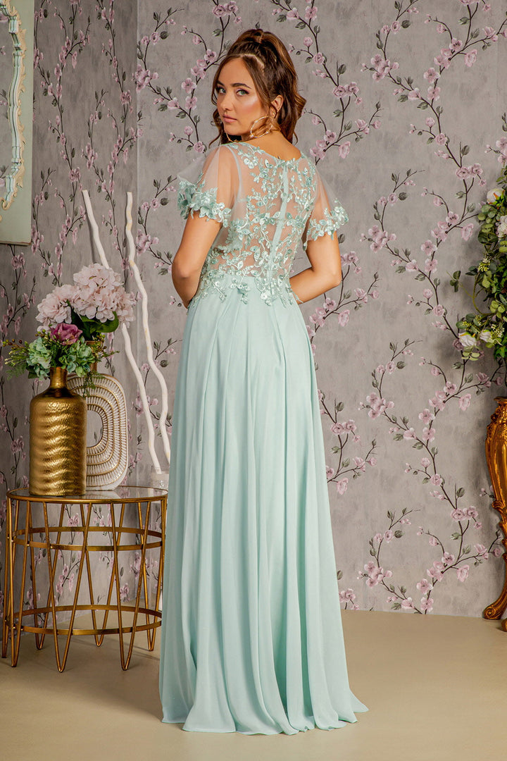 3D Flower Embroidery Chiffon A-line Sheer Short Sleeves Long Mother Of The Bride Dress GLGL3352