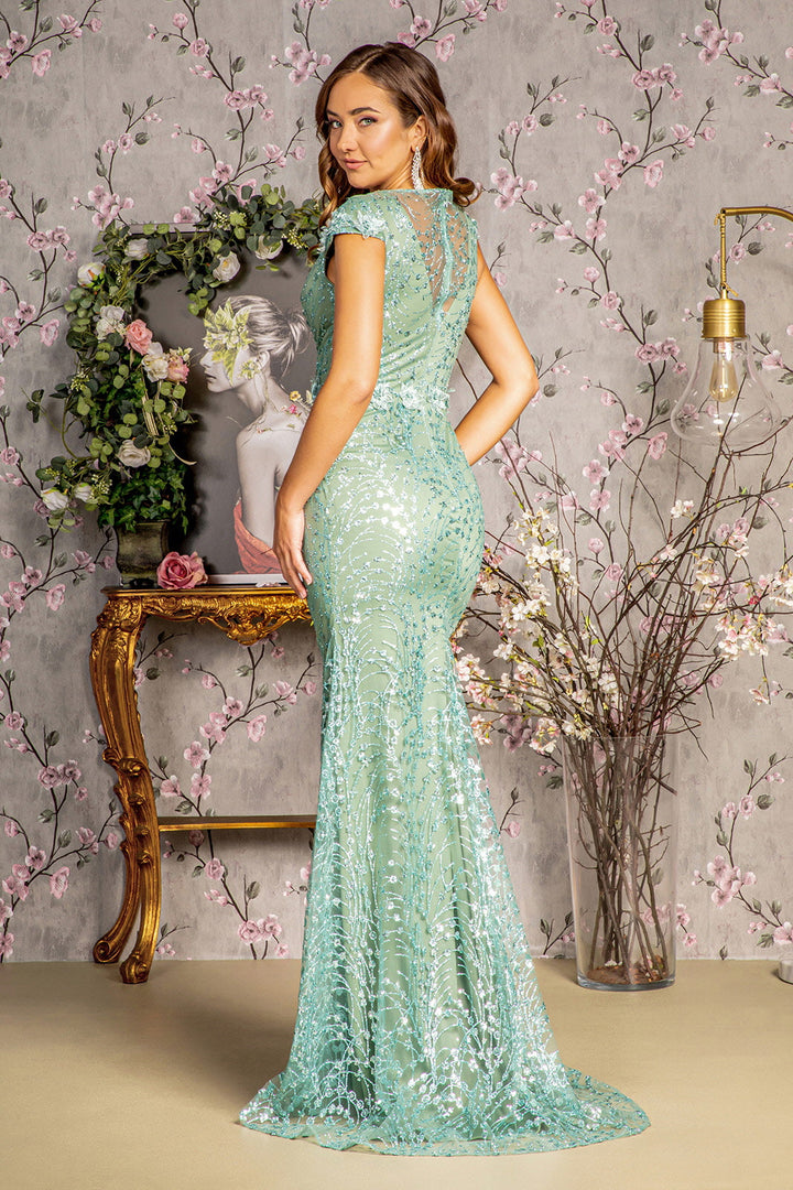 3D Flower Glitter Sheer Neckline Mesh Mermaid Long Prom Dress GLGL3414