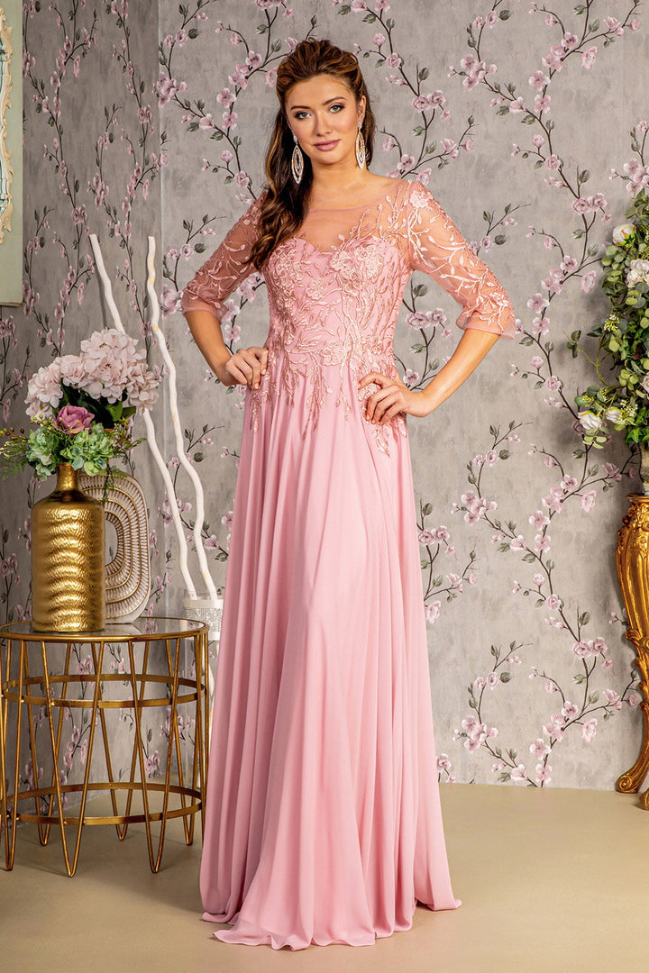 Bead Embroidery Sheer Neckline V-back Chiffon A-line Long Mother Of The Bride Dress GLGL3445