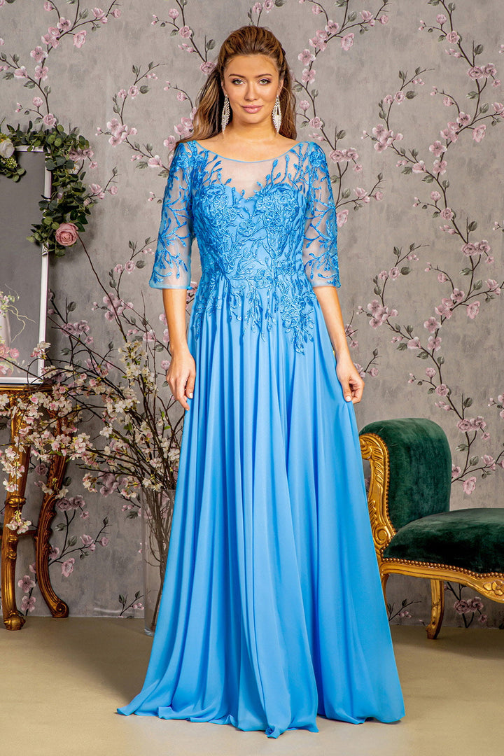 Bead Embroidery Sheer Neckline V-back Chiffon A-line Long Mother Of The Bride Dress GLGL3445