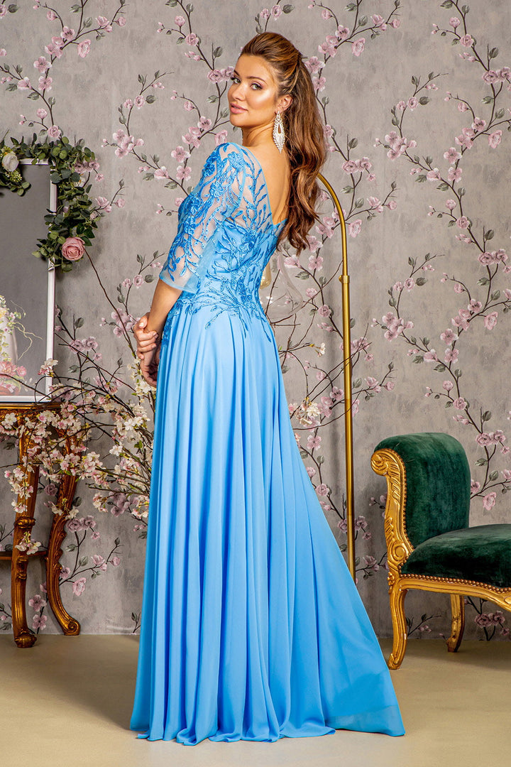 Bead Embroidery Sheer Neckline V-back Chiffon A-line Long Mother Of The Bride Dress GLGL3445