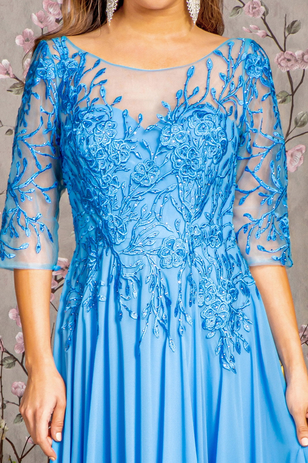 Bead Embroidery Sheer Neckline V-back Chiffon A-line Long Mother Of The Bride Dress GLGL3445