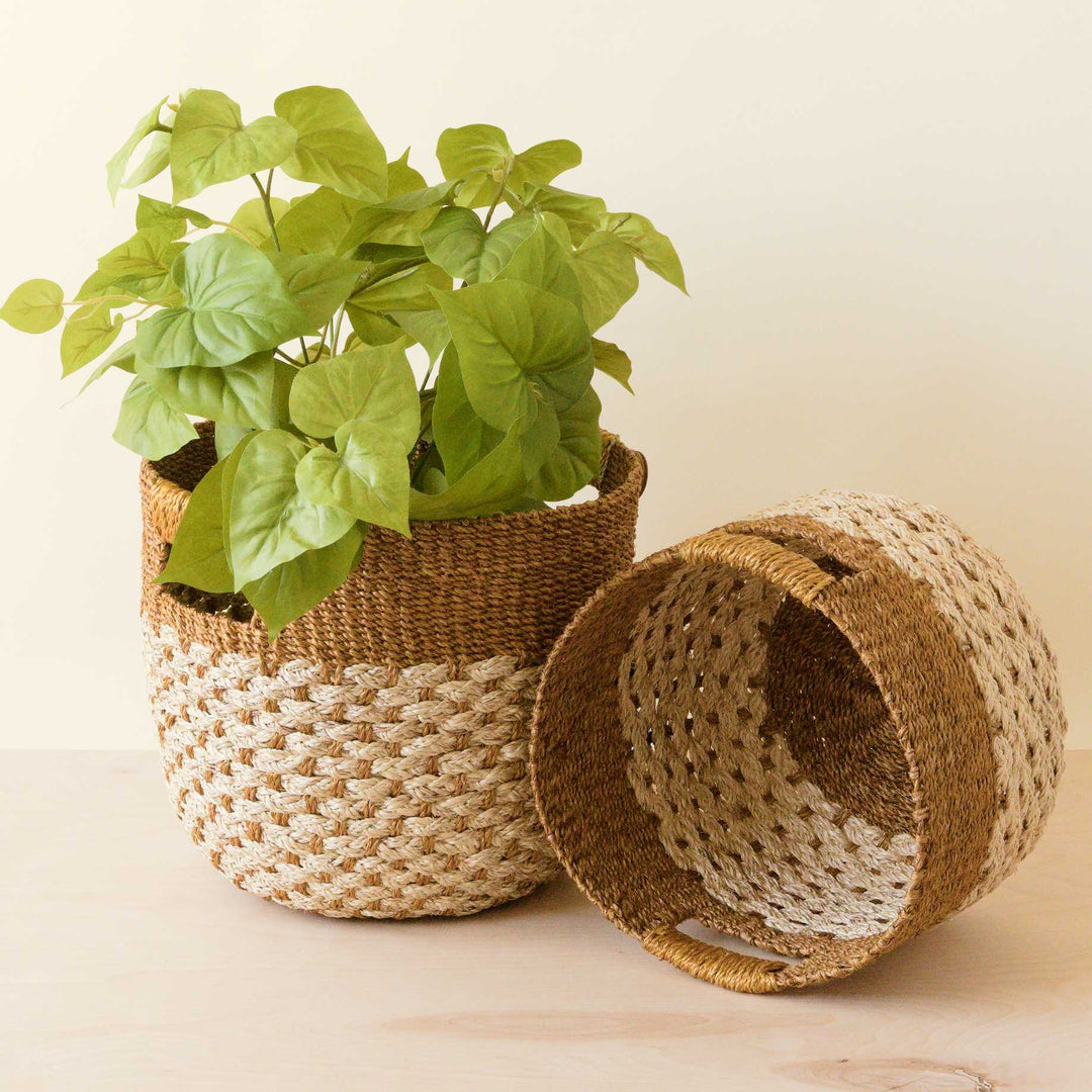 Golden Brown Round Baskets, set of 2 - Handcrafted Bins | LIKHÂ by LIKHÂ