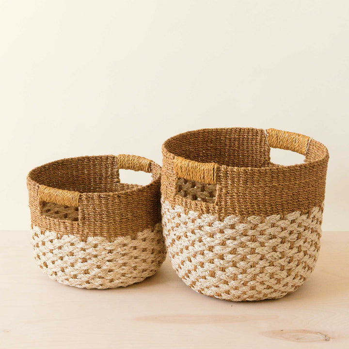 Golden Brown Round Baskets, set of 2 - Handcrafted Bins | LIKHÂ by LIKHÂ