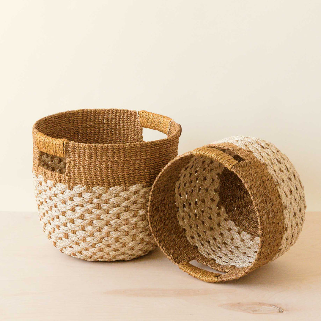 Golden Brown Round Baskets, set of 2 - Handcrafted Bins | LIKHÂ by LIKHÂ