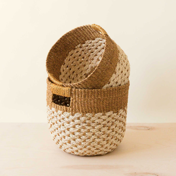 Golden Brown Round Baskets, set of 2 - Handcrafted Bins | LIKHÂ by LIKHÂ