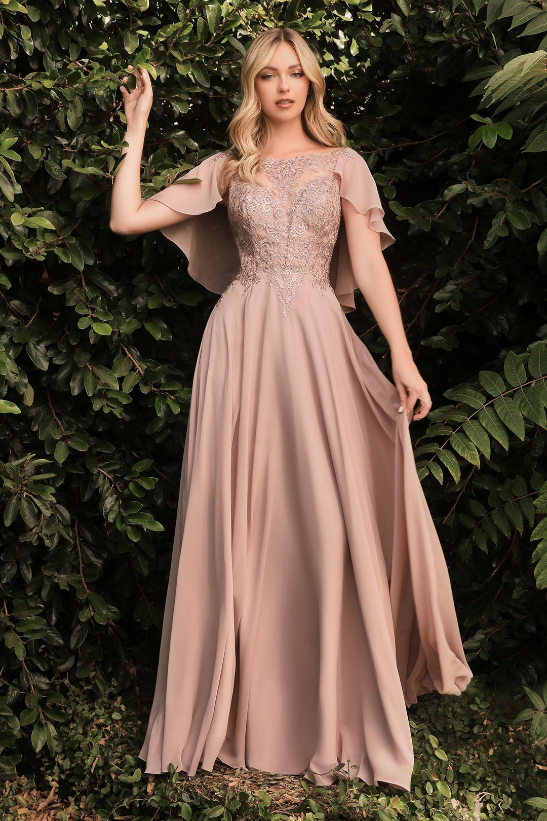 A-line Chiffon Caplet Detail Floral Appliqué Long Mother Of The Bride Dress CDHT101