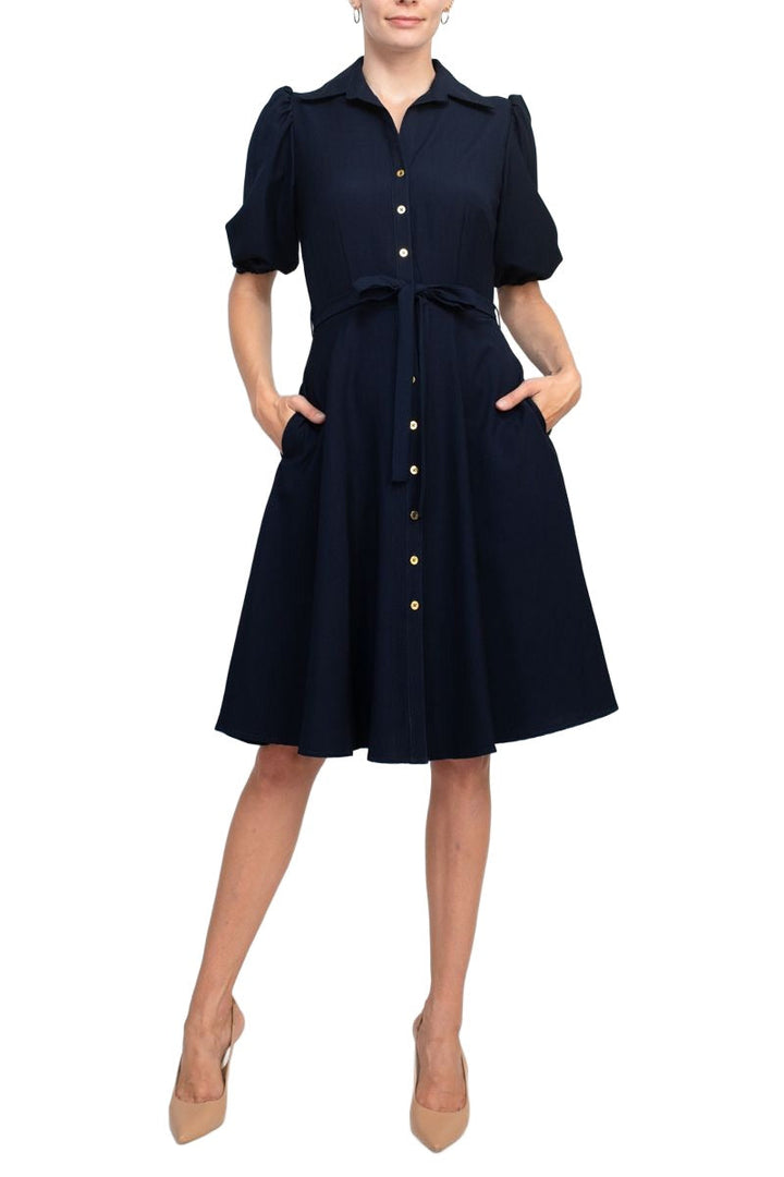 Sharagano Collared Short Sleeve Button Front Closure Tie Waist Solid Stretch Crepe Dress With Pockets