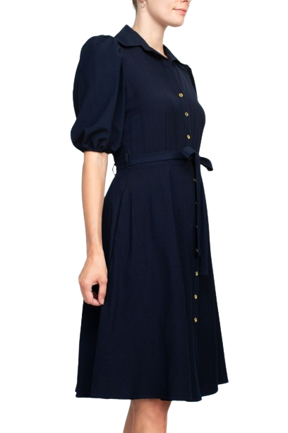 Sharagano Collared Short Sleeve Button Front Closure Tie Waist Solid Stretch Crepe Dress With Pockets