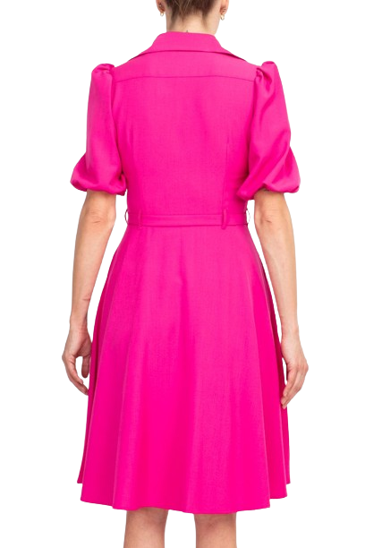 Sharagano Collared Short Sleeve Button Front Closure Tie Waist Solid Stretch Crepe Dress With Pockets