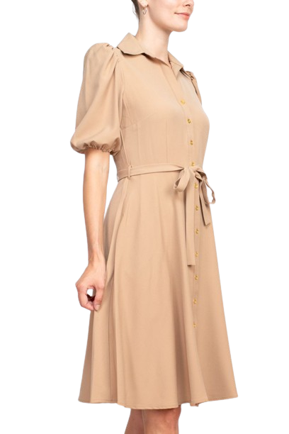 Sharagano Collared Short Sleeve Button Front Closure Tie Waist Solid Stretch Crepe Dress With Pockets