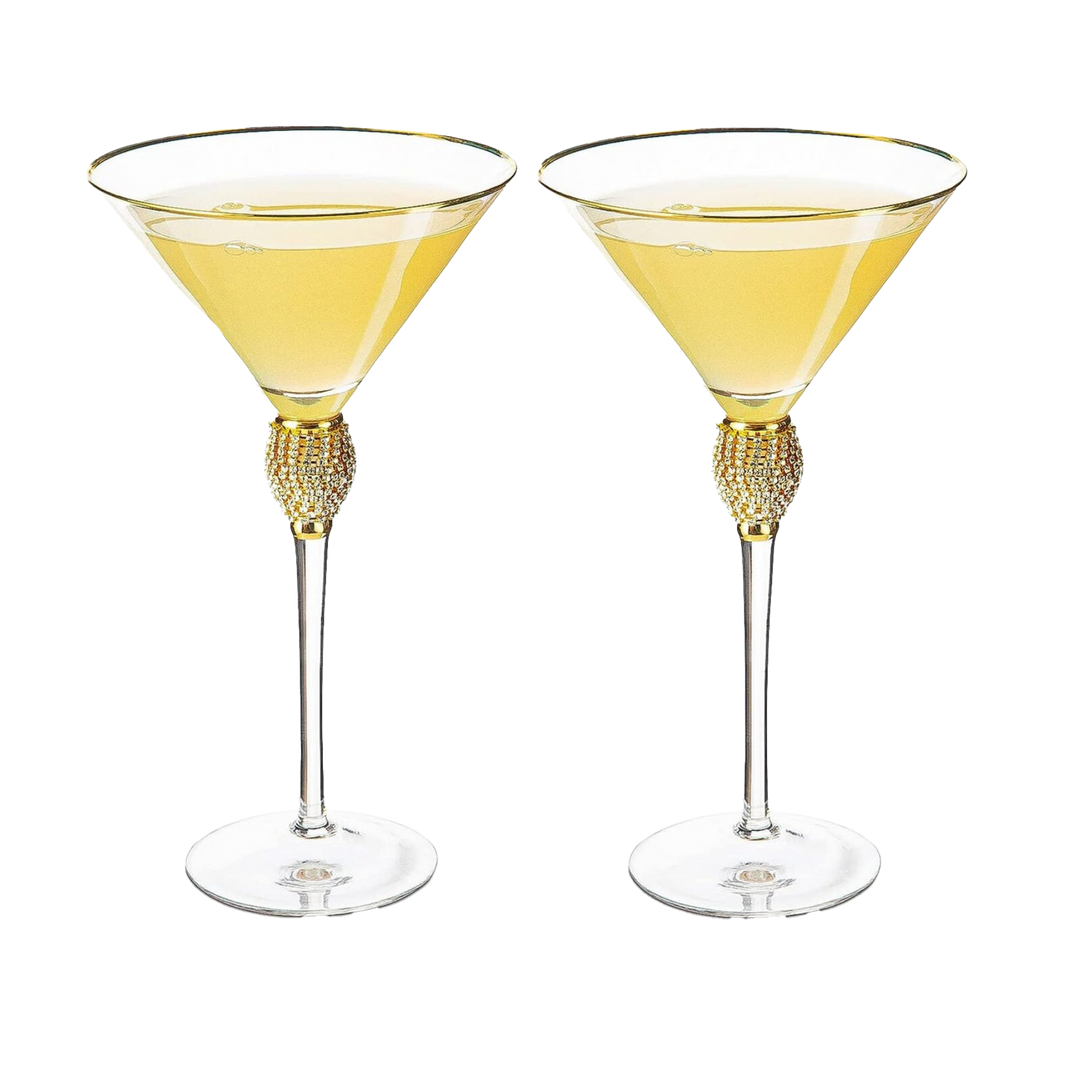 Diamond Collection 2 Piece Stemmed Martini Set - Rhinestone For Drinking Martinis, Manhattans, Vodka, Gin, Cocktails Gold Accent Cocktail Glasses, Perfect For Any Bar or Party 10oz - Swarovski Style by The Wine Savant