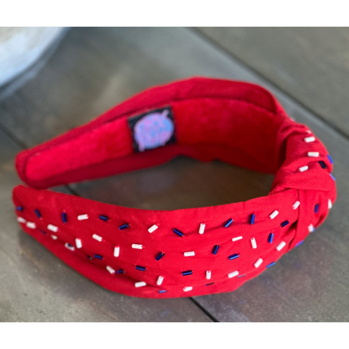 Patriotic Confetti Red Seed Bead Front Knot Headband by OBX Prep