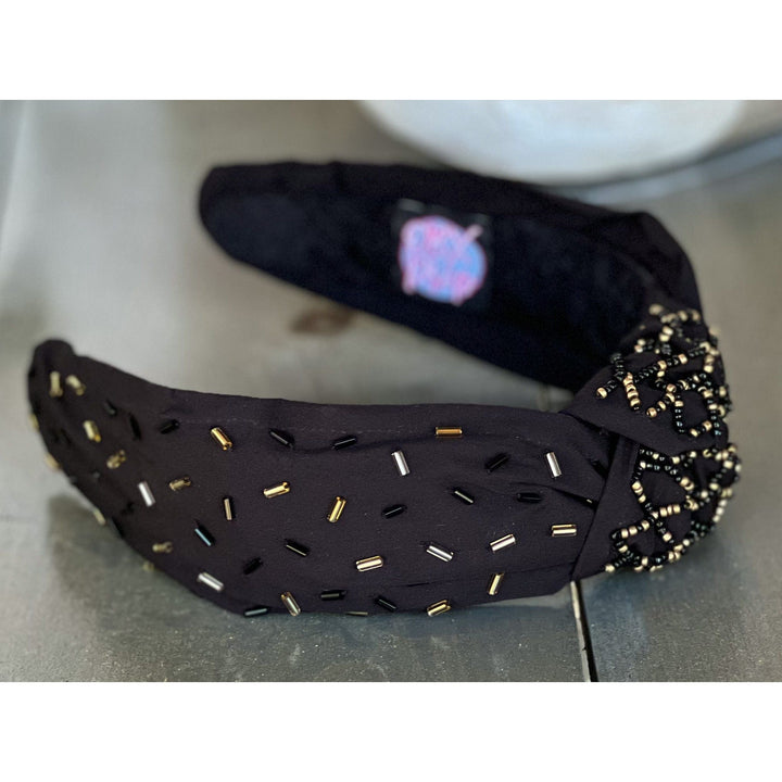 Confetti Beaded Top Knot Headband in Pink, Black and Gold, and White Multi-Colors by OBX Prep