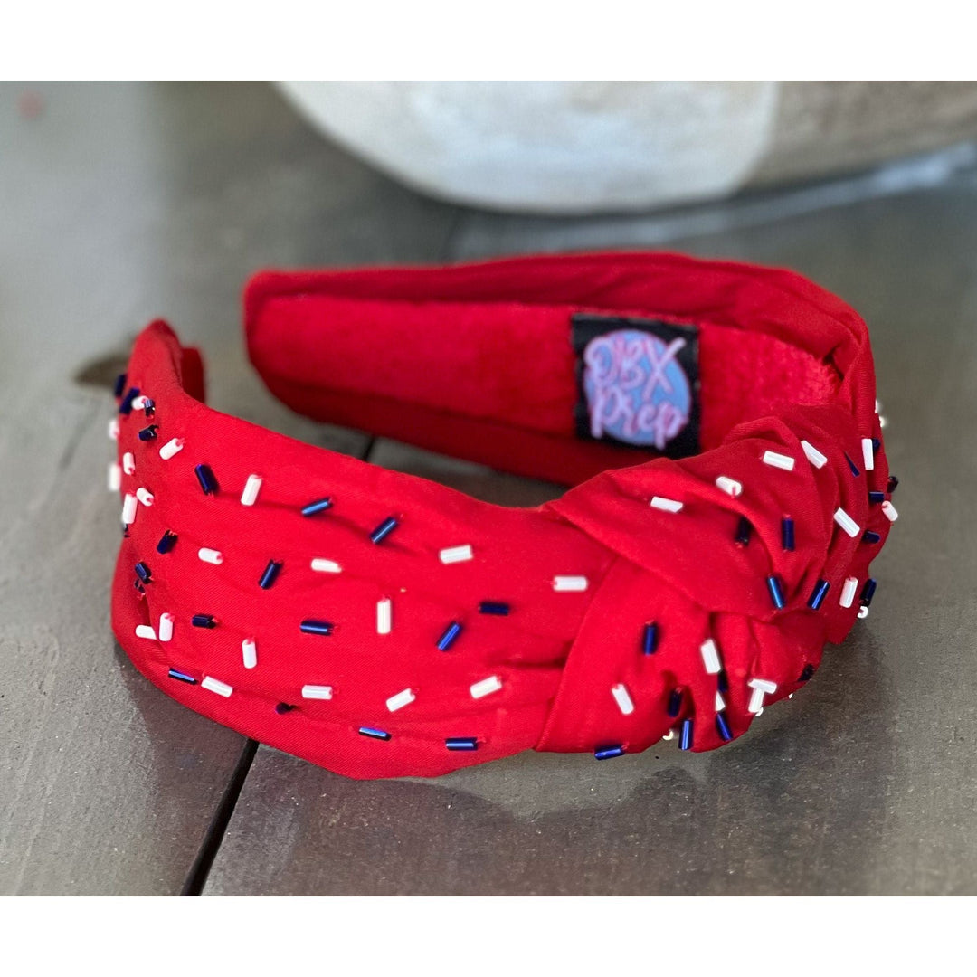 Patriotic Confetti Red Seed Bead Front Knot Headband by OBX Prep