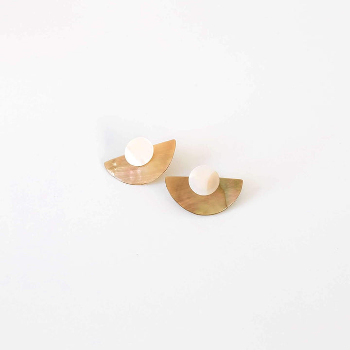 3-in-1 Light Two-Tone Circle and Halfmoon Geometric Studs - Mother of Pearl Earrings | LIKHÂ by LIKHÂ