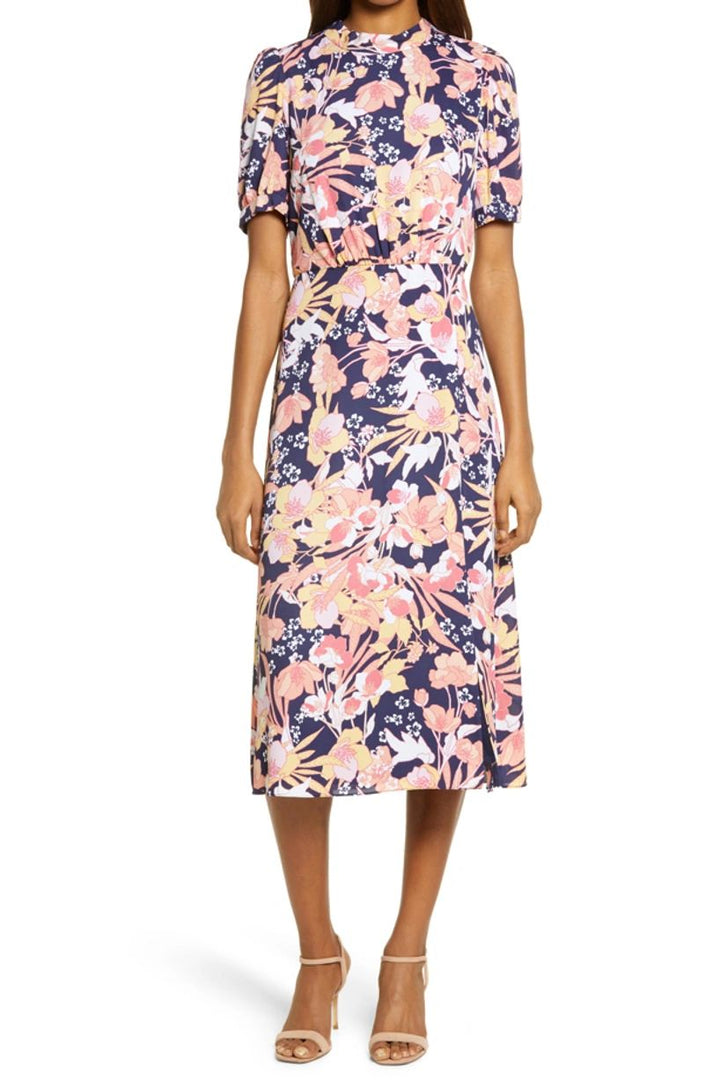 Julia Jordan High Neck Zipper Back Slit Side Floral Print Polyester Dress