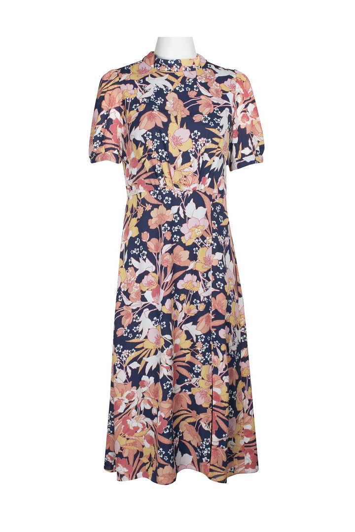 Julia Jordan High Neck Zipper Back Slit Side Floral Print Polyester Dress