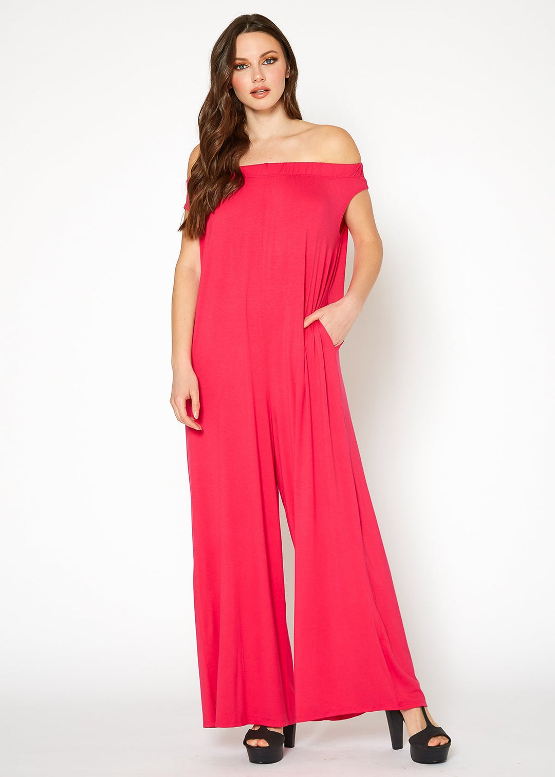 Women's Off Shoulder Wide Leg Jumpsuit With Pockets