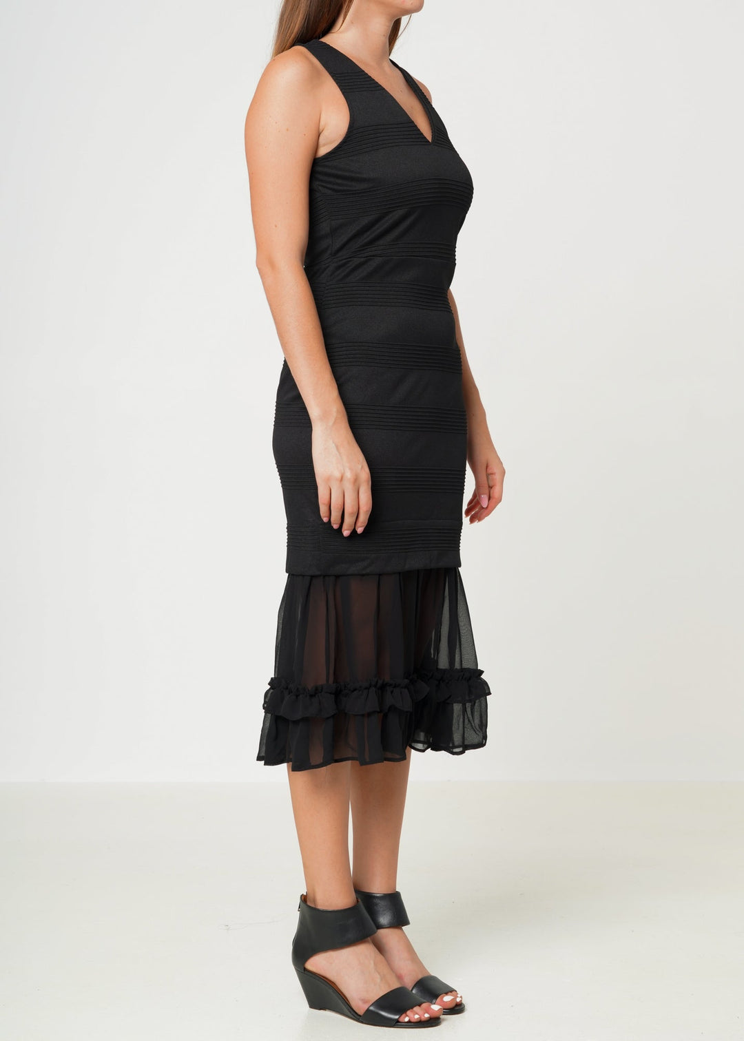 Sleeveless V-neck Sheer Ruffle Hem Bodycon Dress In Black