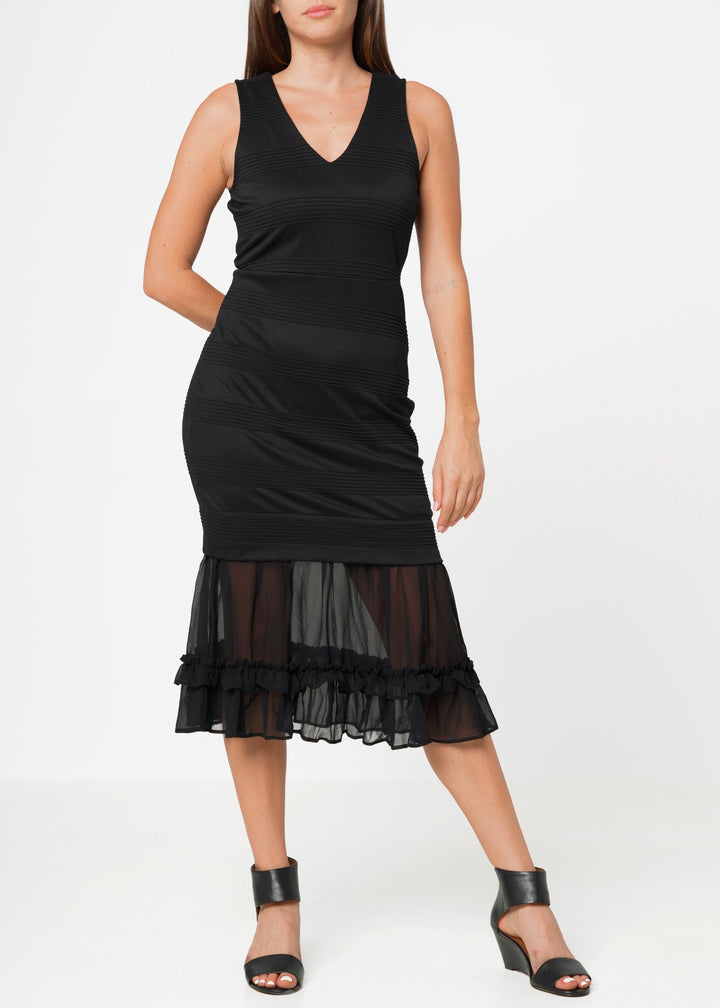 Sleeveless V-neck Sheer Ruffle Hem Bodycon Dress In Black