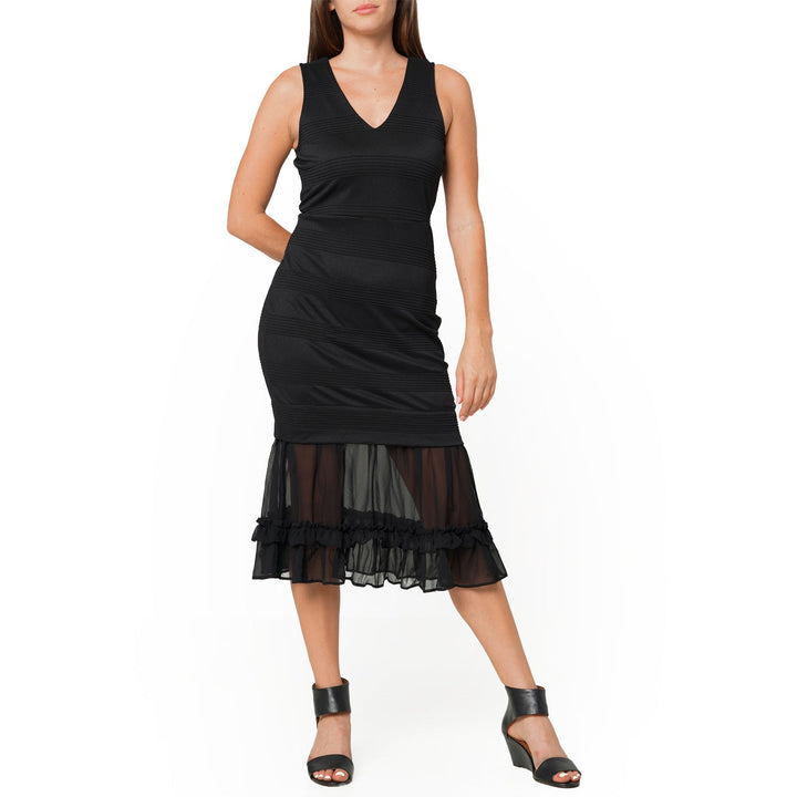 Sleeveless V-neck Sheer Ruffle Hem Bodycon Dress In Black