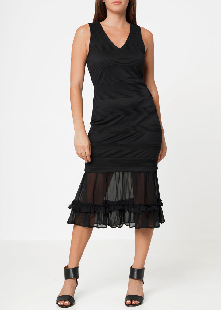 Sleeveless V-neck Sheer Ruffle Hem Bodycon Dress In Black