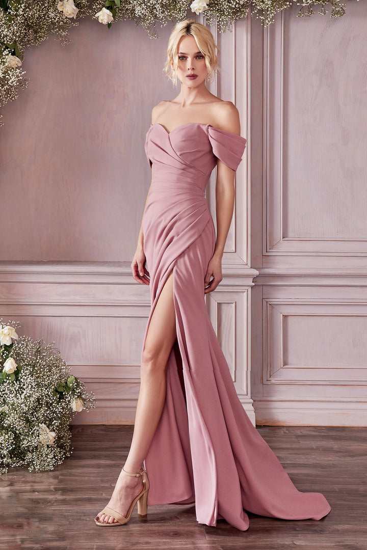 Crepe Off the Shoulder with a Leg Slit & Thin Straps Formal Prom Dress CDKV1057