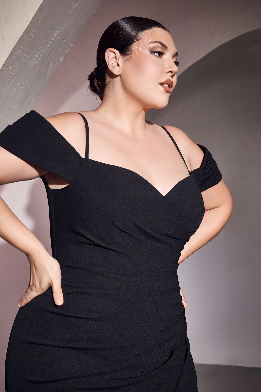 Crepe Off the Shoulder with a Leg Slit & Thin Straps Plus Size Long Prom Dress CDKV1057C