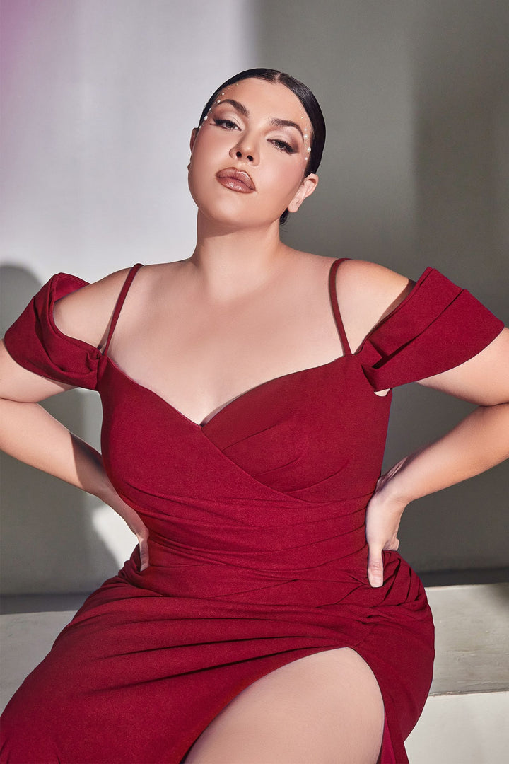 Crepe Off the Shoulder with a Leg Slit & Thin Straps Plus Size Long Prom Dress CDKV1057C