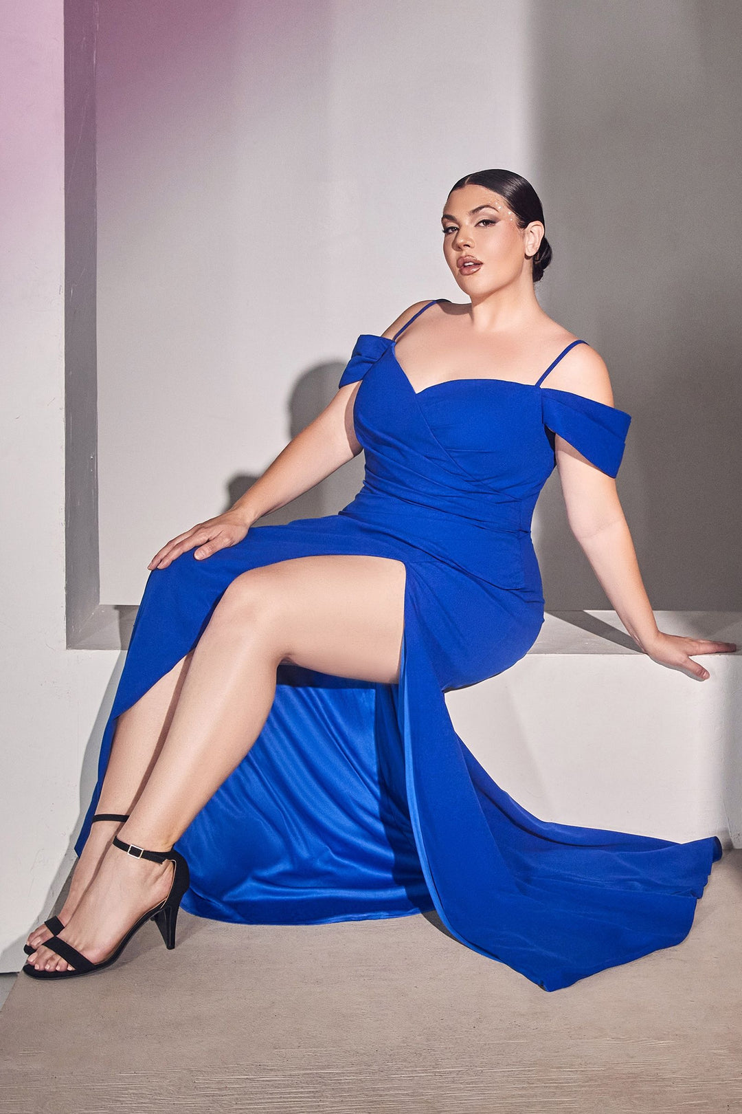 Crepe Off the Shoulder with a Leg Slit & Thin Straps Plus Size Long Prom Dress CDKV1057C