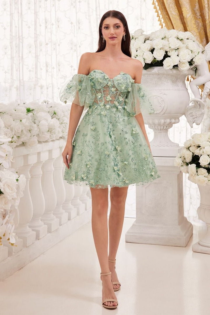 3D Floral Applique Strapless Babydoll Short Cocktail Dress CDKV1089