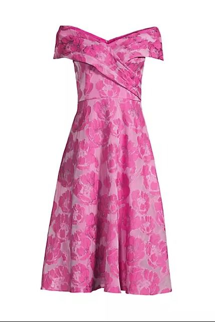 Aidan Mattox Elegant Magenta Floral Jacquard Off-The-Shoulder Midi-Dress (Size 8)