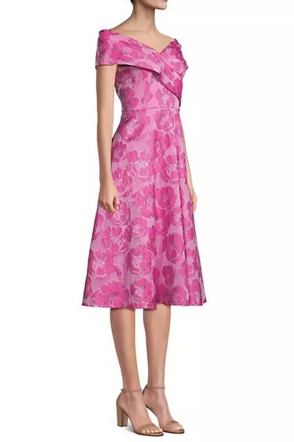 Aidan Mattox Elegant Magenta Floral Jacquard Off-The-Shoulder Midi-Dress (Size 8)