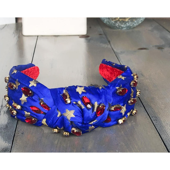 Patriotic Blue and Gold Star Jeweled Top Knot Headband 4th of July by OBX Prep