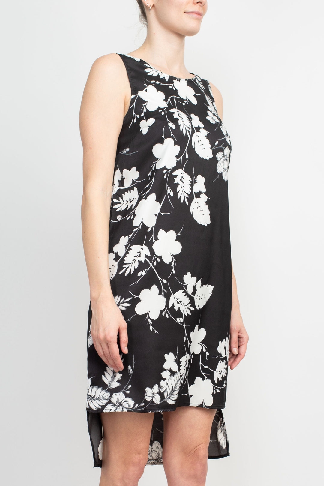 Premise Boat Neck Sleeveless Floral Print High Low Hem Charmeuse Dress