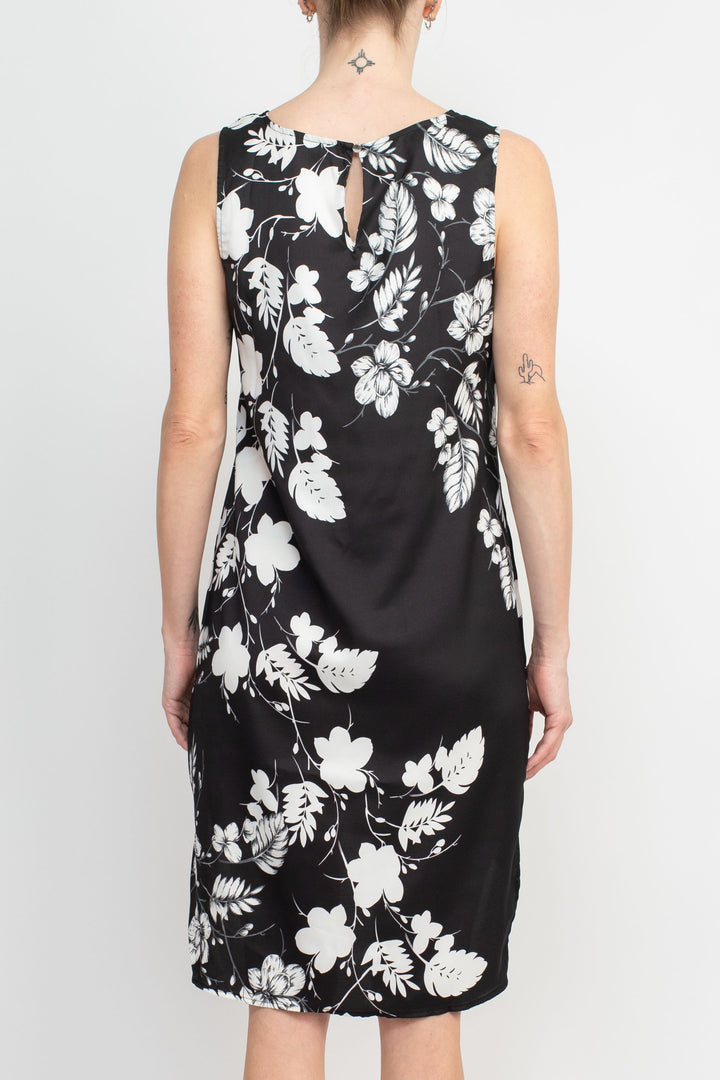 Premise Boat Neck Sleeveless Floral Print High Low Hem Charmeuse Dress