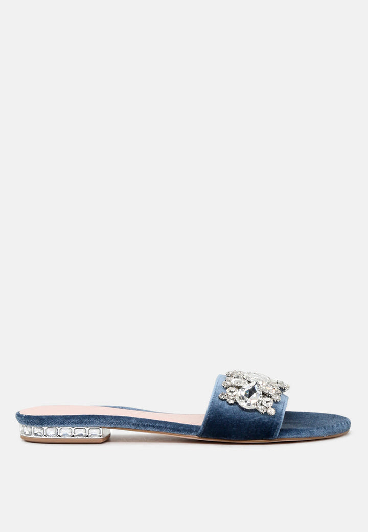 velvet blue flat embellished sandals by London Rag