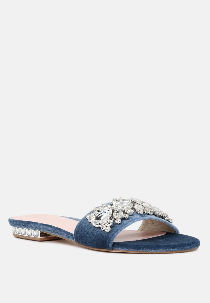 velvet blue flat embellished sandals by London Rag