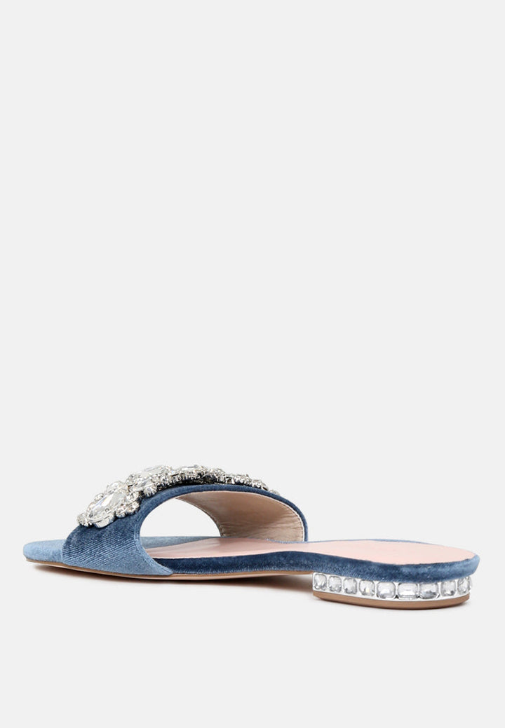 velvet blue flat embellished sandals by London Rag