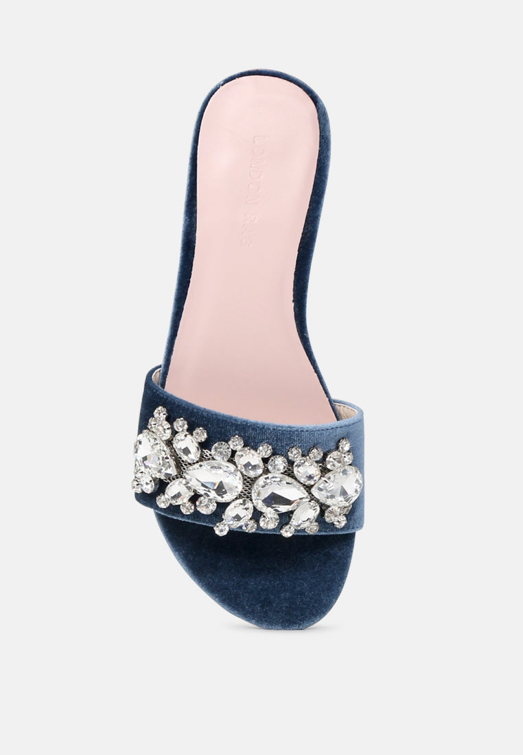 velvet blue flat embellished sandals by London Rag