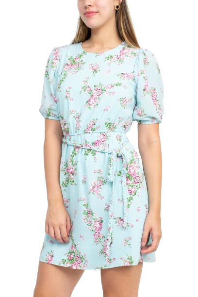 Sage Collective Crew Neck Short Sleeve Tie Waist Keyhole Back Floral Print Crepe Dress