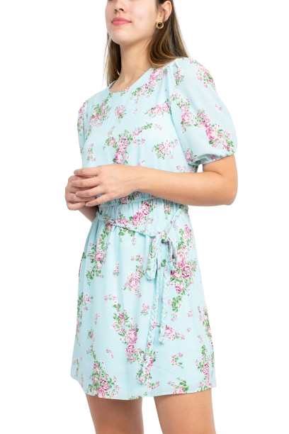 Sage Collective Crew Neck Short Sleeve Tie Waist Keyhole Back Floral Print Crepe Dress