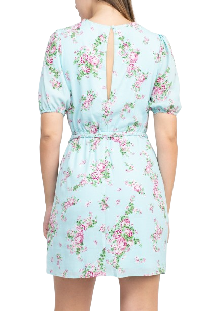 Sage Collective Crew Neck Short Sleeve Tie Waist Keyhole Back Floral Print Crepe Dress