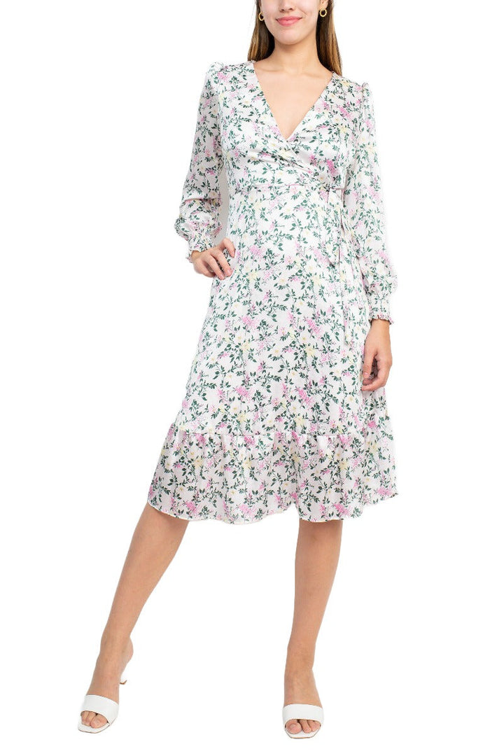 Sage Collective V-Neck Tie Side Long Sleeve Ruffled Cuff And Sleeve Floral Print Satin Dress (Sizes 2 & 8)