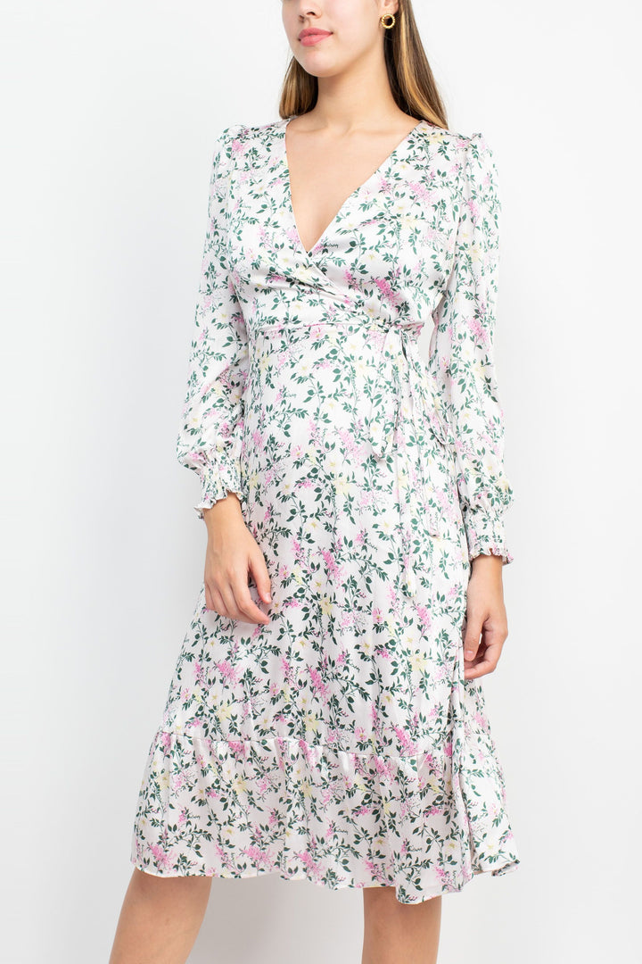 Sage Collective V-Neck Tie Side Long Sleeve Ruffled Cuff And Sleeve Floral Print Satin Dress (Sizes 2 & 8)