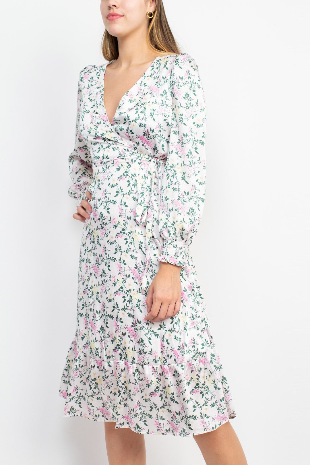 Sage Collective V-Neck Tie Side Long Sleeve Ruffled Cuff And Sleeve Floral Print Satin Dress (Sizes 2 & 8)