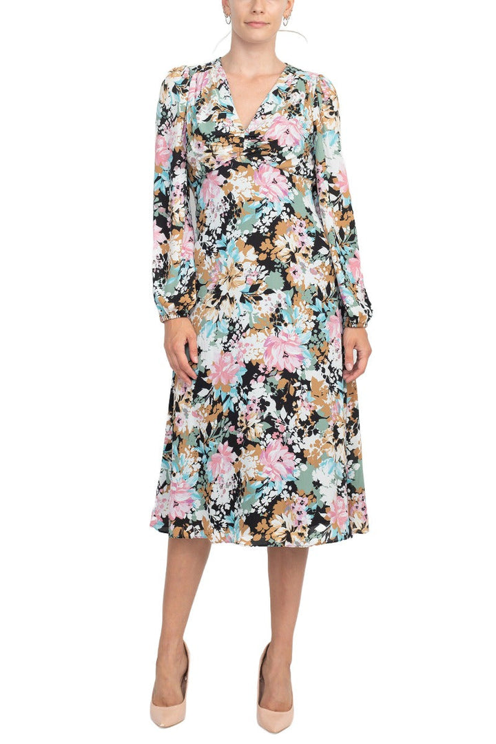 London Times V-Neck Bishop Long Sleeve Floral Print Zipper Back Crepe Dress